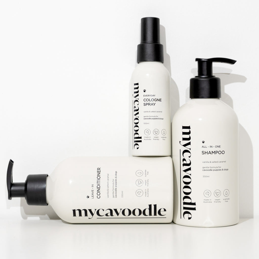 three mycavoodle dog wash products on a white background